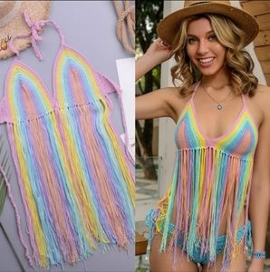 🎉 CLEARANCE Miss Sparkling Pastel Rainbow Fringe Crochet Knit Crop Top Festival